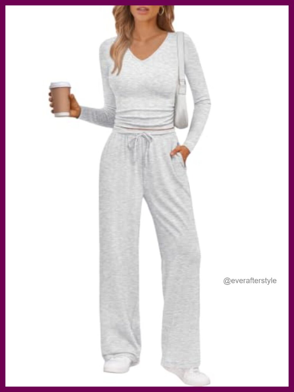 Women's 2 Piece Lounge Set Long Sleeve Top Wide Leg Pants Rayon Spandex